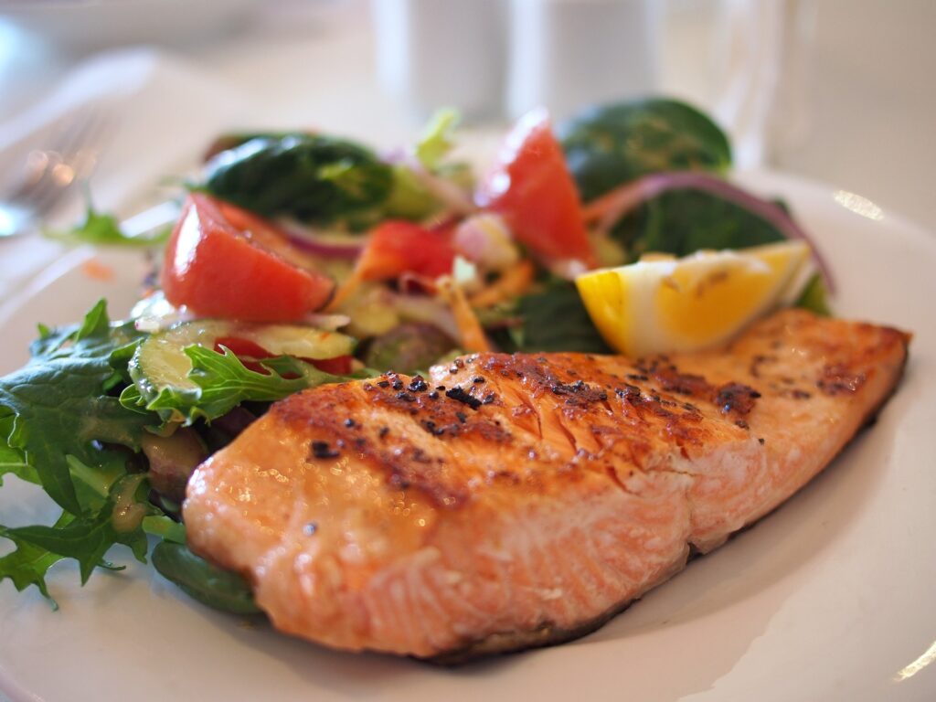 Grilled salmon fish with veggies in the background