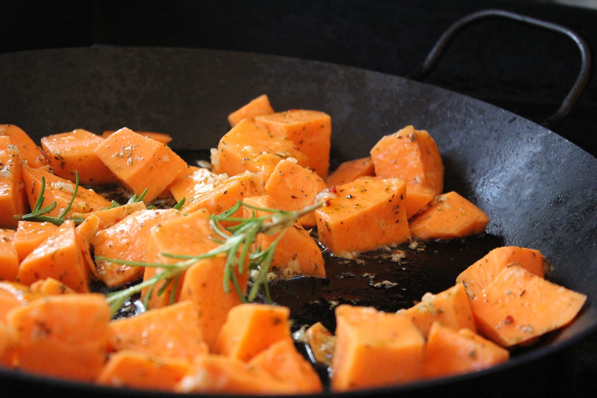 Sweet potatoes in a frying pan